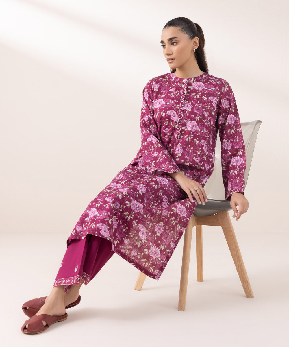 Women's Pret Khaddar Embroidered Magenta Straight Shirt