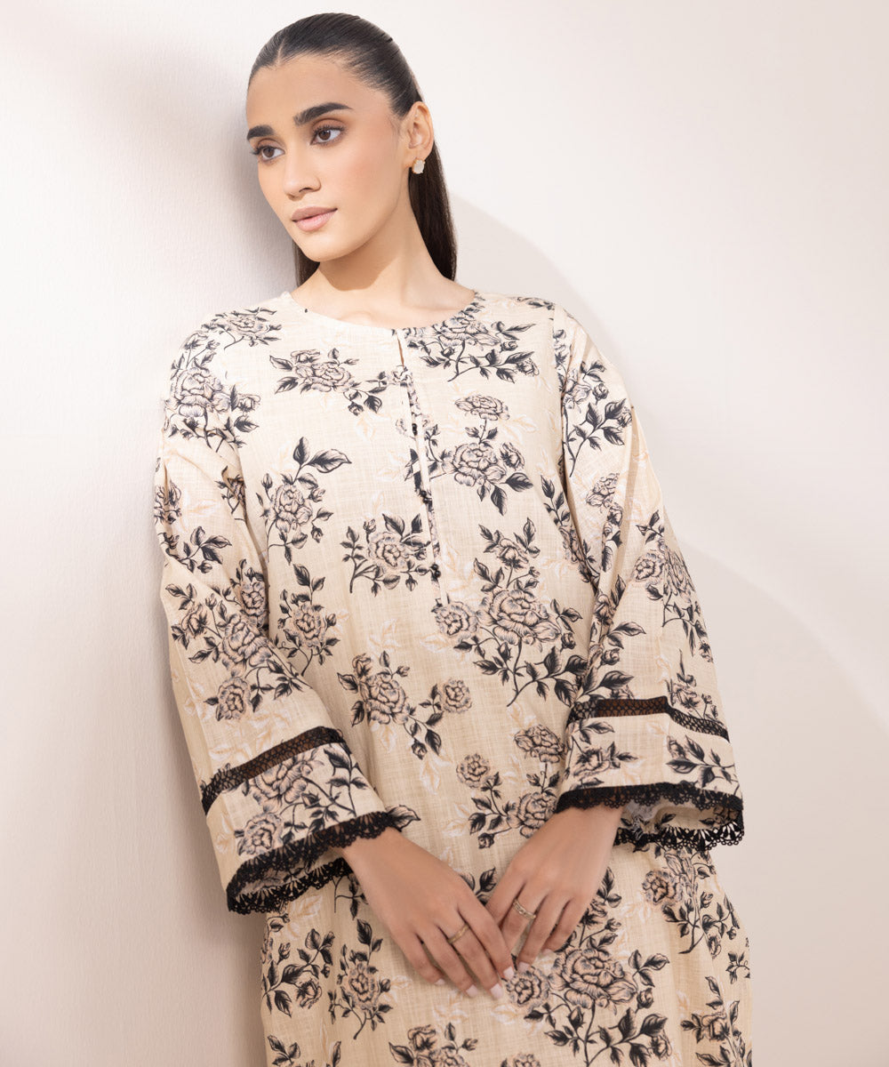 Women's Pret Khaddar Printed Beige A-Line Shirt