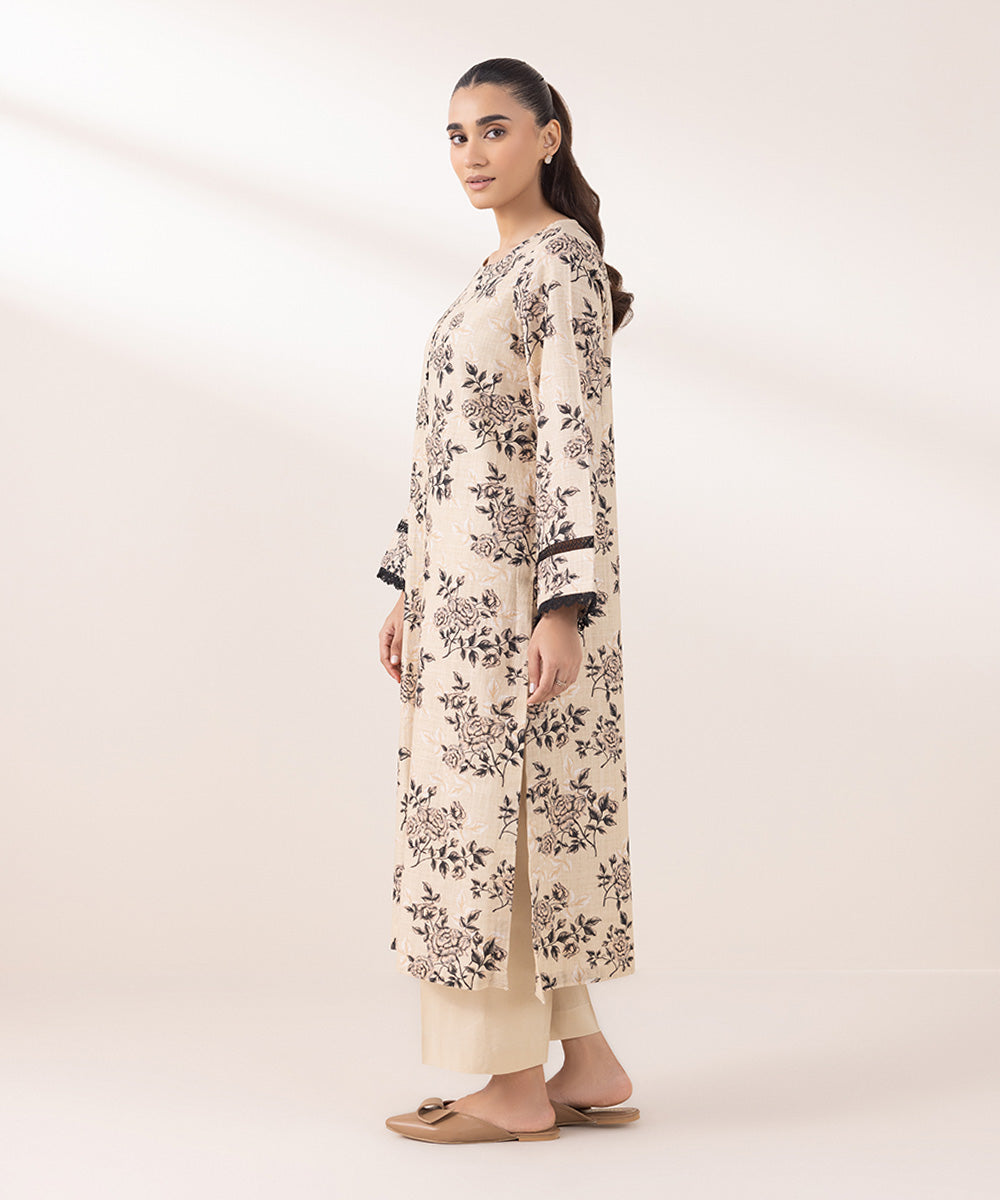 Women's Pret Khaddar Printed Beige A-Line Shirt