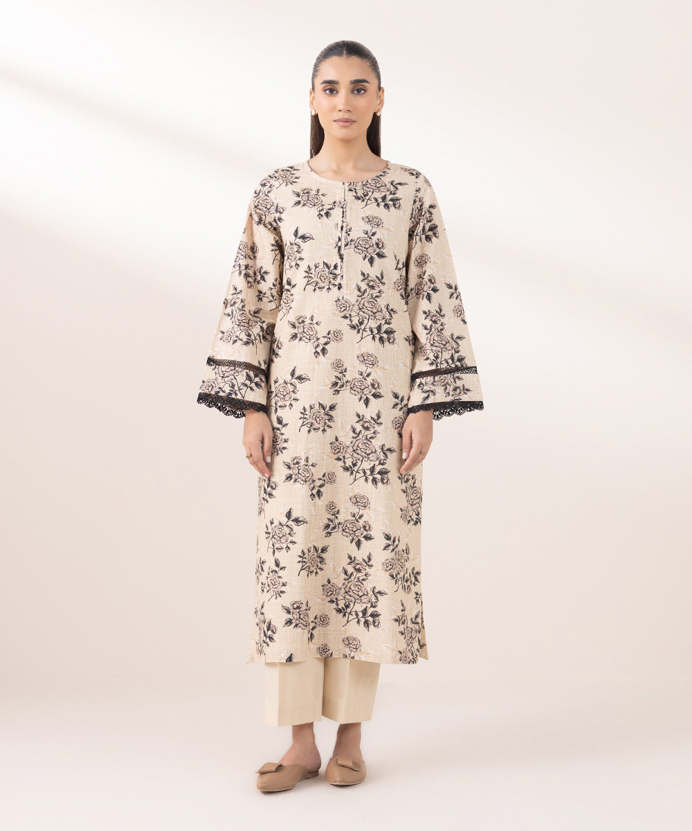 Women's Pret Khaddar Printed Beige A-Line Shirt