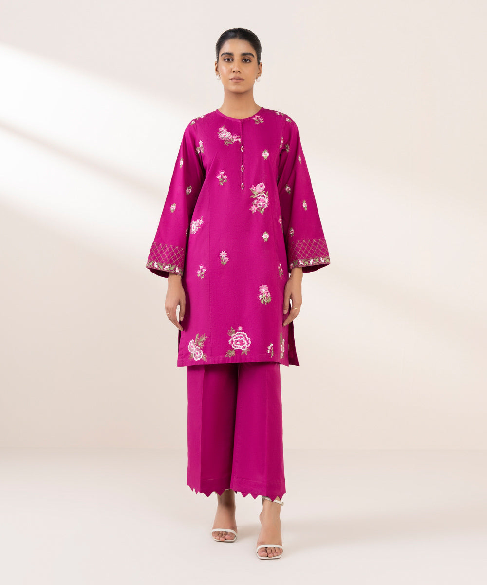 Women's Pret Cambric Embroidered Pink Boxy Shirt