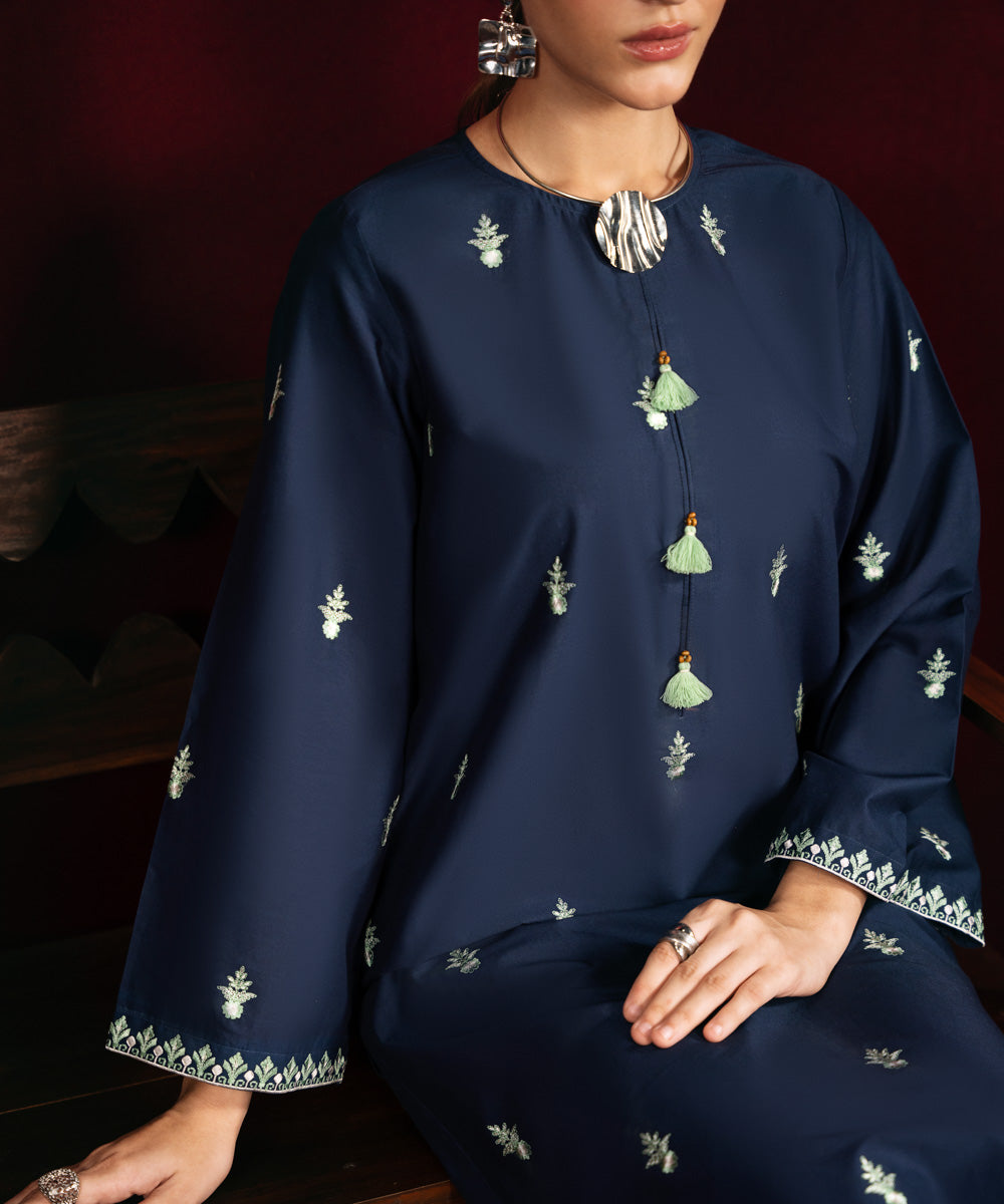 Women's Pret Cambric Embroidered Blue Straight Shirt