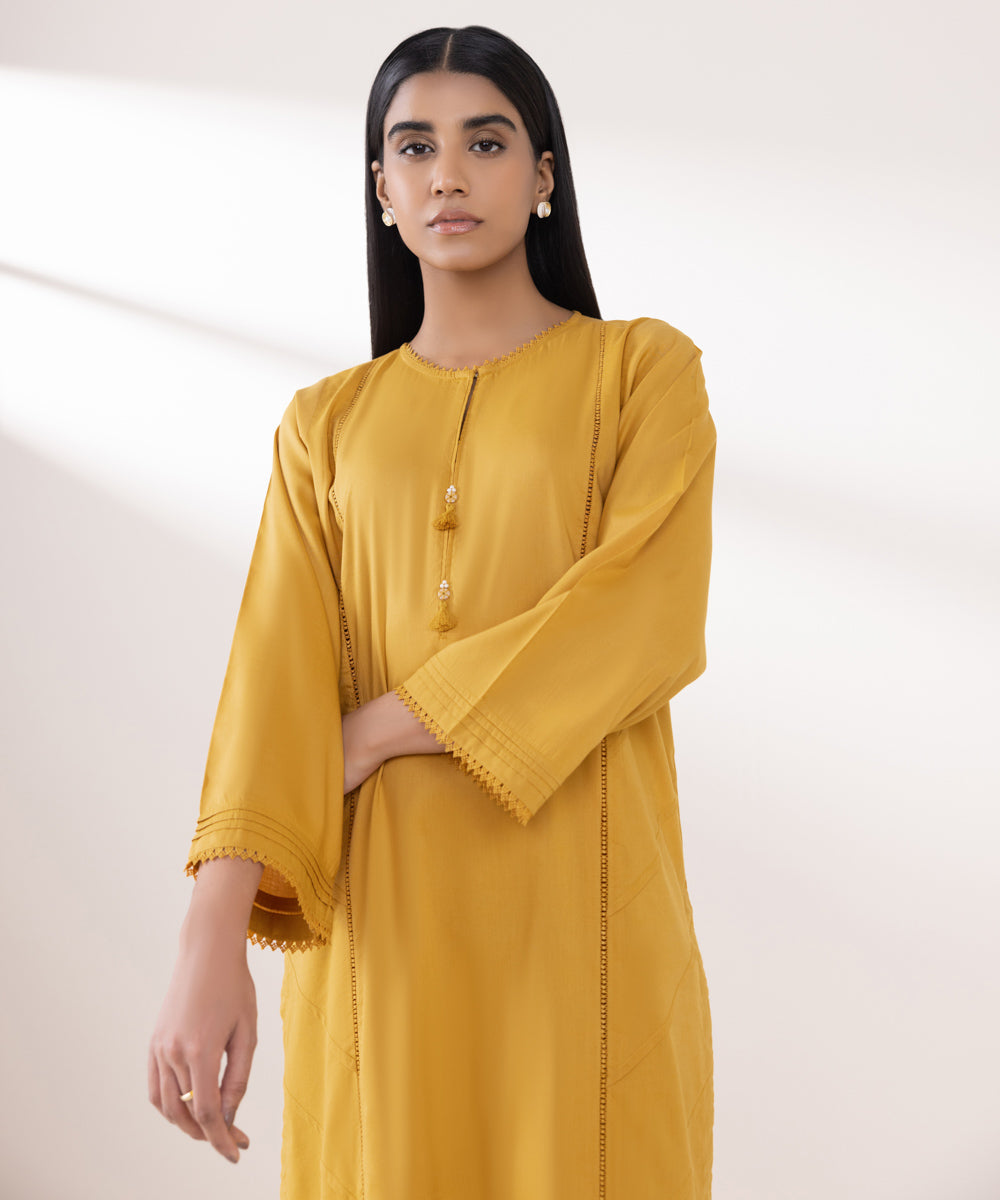 Women's Pret Cotton Viscose Solid Yellow A-Line Shirt