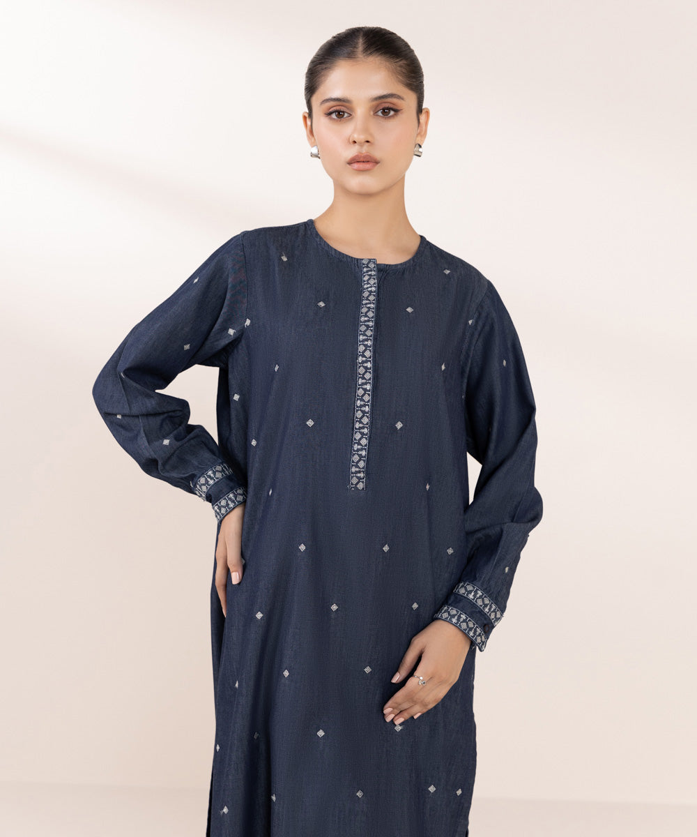 Women's Pret Denim Blue Embroidered Straight Shirt