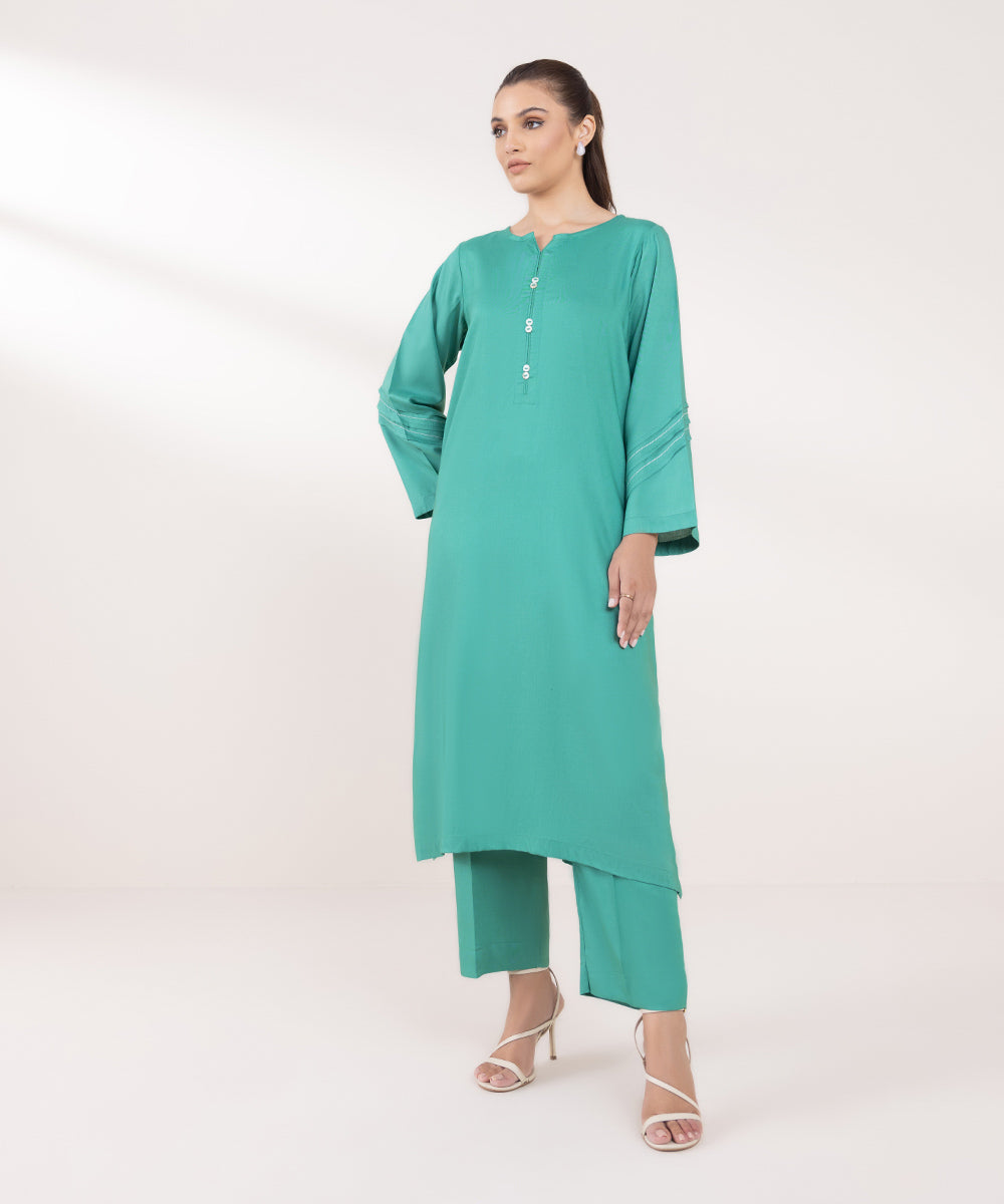 Women's Pret Linen Solid Green Straight Shirt