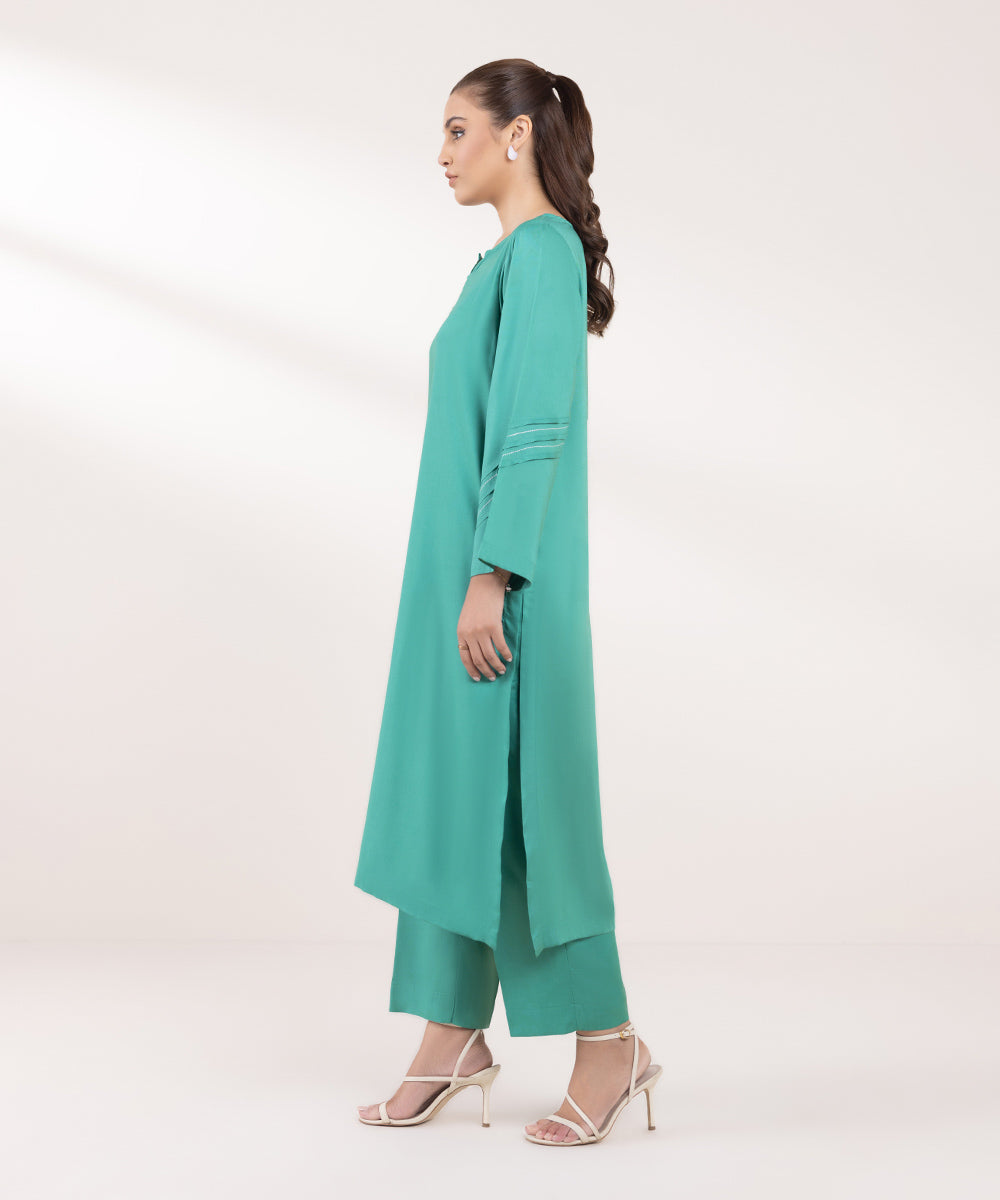 Women's Pret Linen Solid Green Straight Shirt