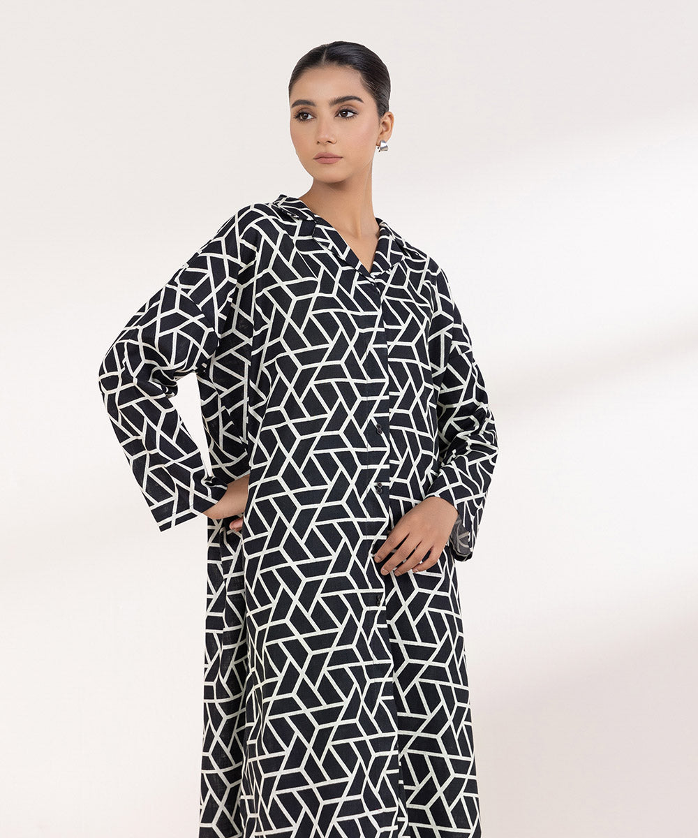 Women's Pret Khaddar Printed Black Boxy Shirt