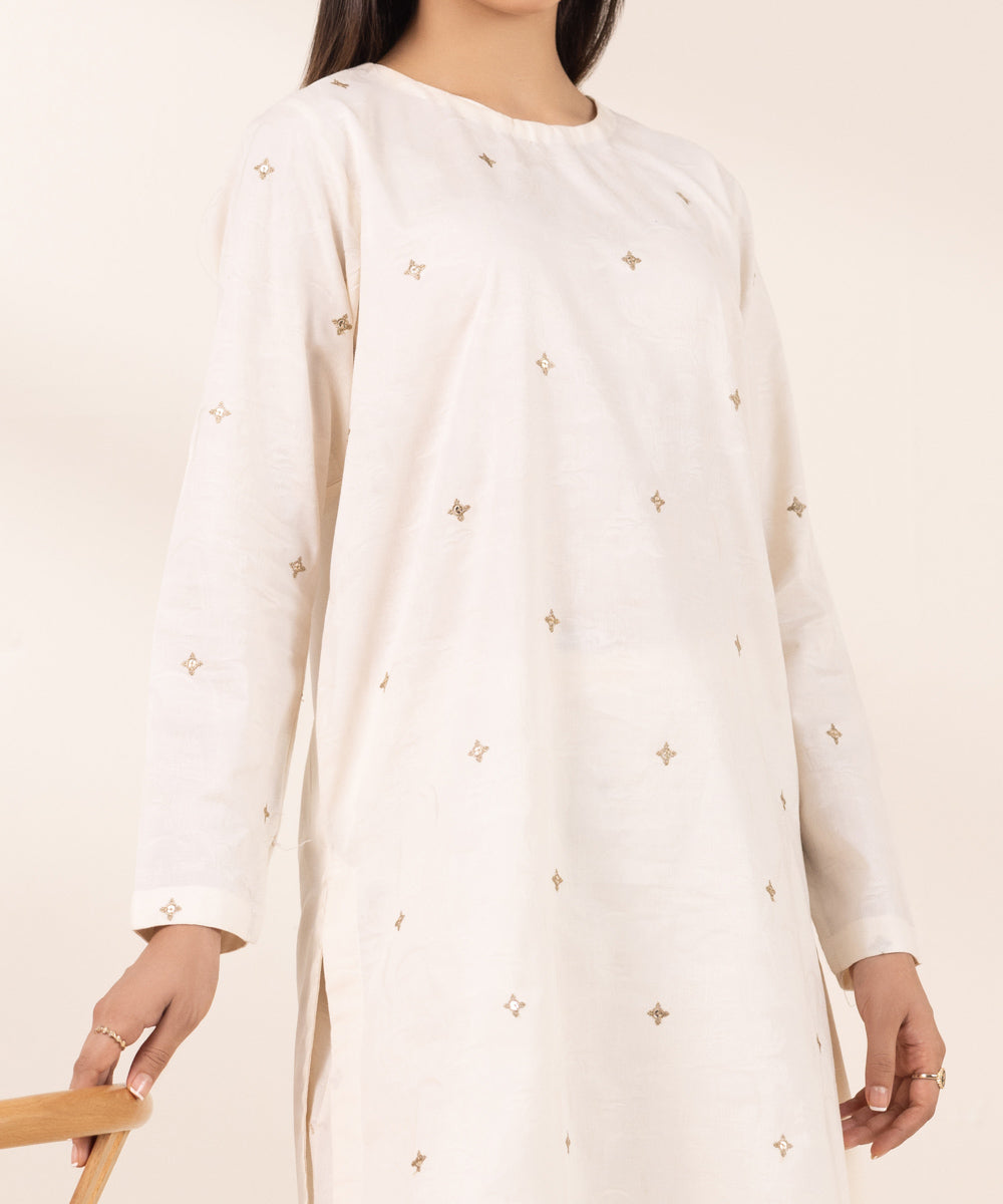 Women's Pret Cotton Jacquard Solid Embroidered Off White Straight Shirt