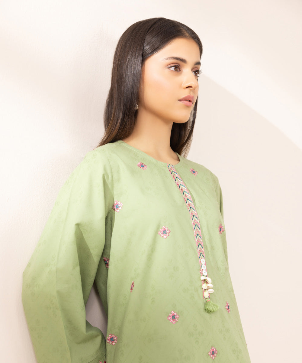 Women's Pret Cotton Jacquard Solid Embroidered Green A-Line Shirt