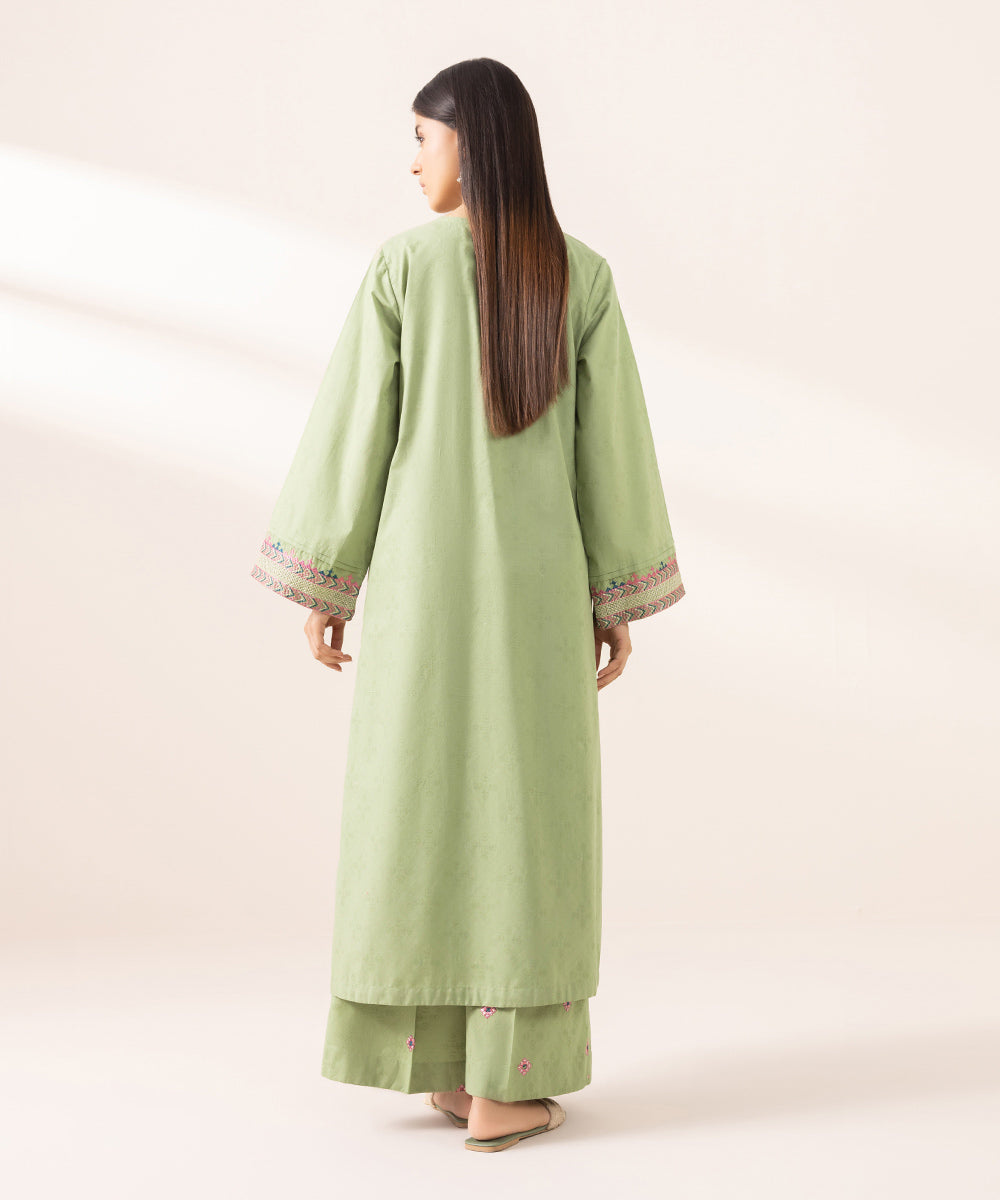 Women's Pret Cotton Jacquard Solid Embroidered Green A-Line Shirt