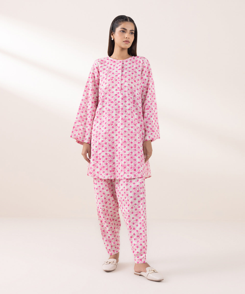 Women's Pret Khaddar Printed Pink on White A-Line Shirt