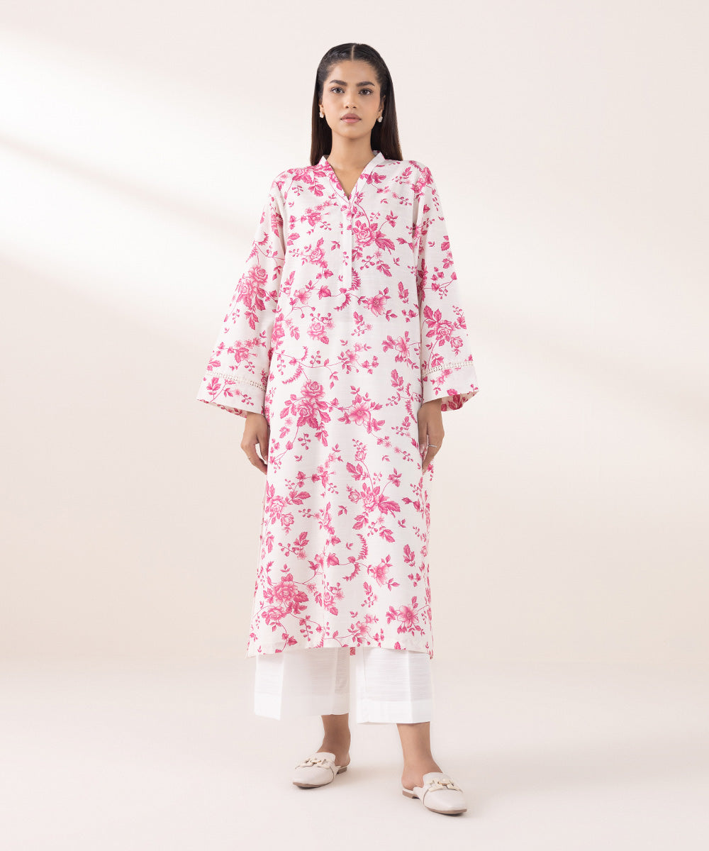 Women's Pret Khaddar Printed White Straight Shirt