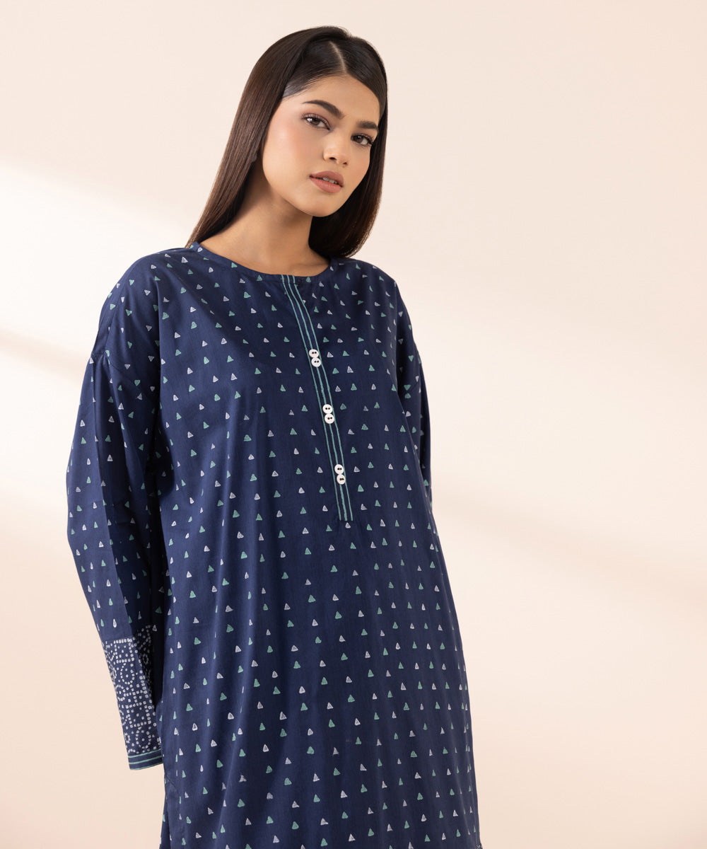 Women's Pret Cotton Viscose Blue Printed Boxy Shirt