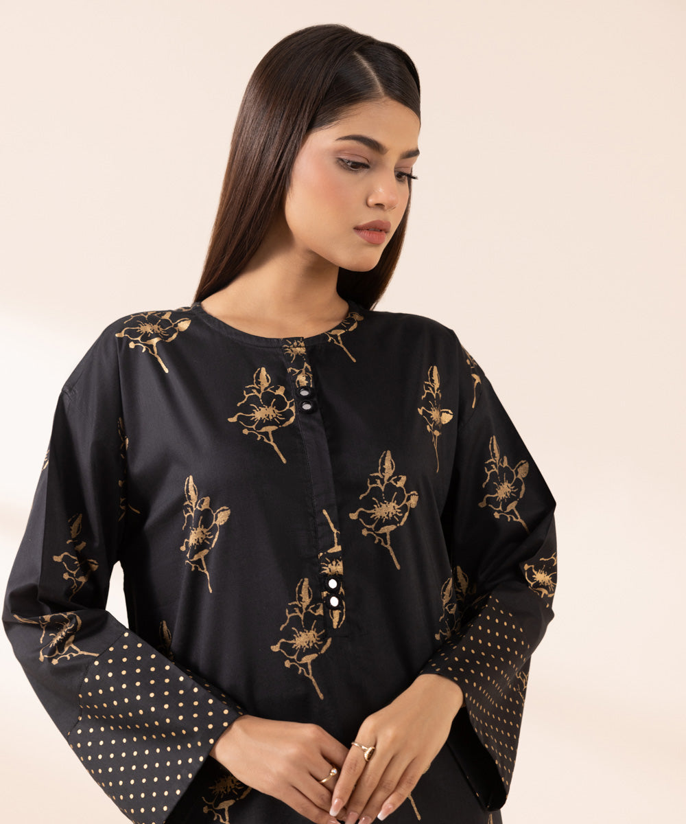 Women's Pret Cotton Viscose Black Printed A-Line Shirt