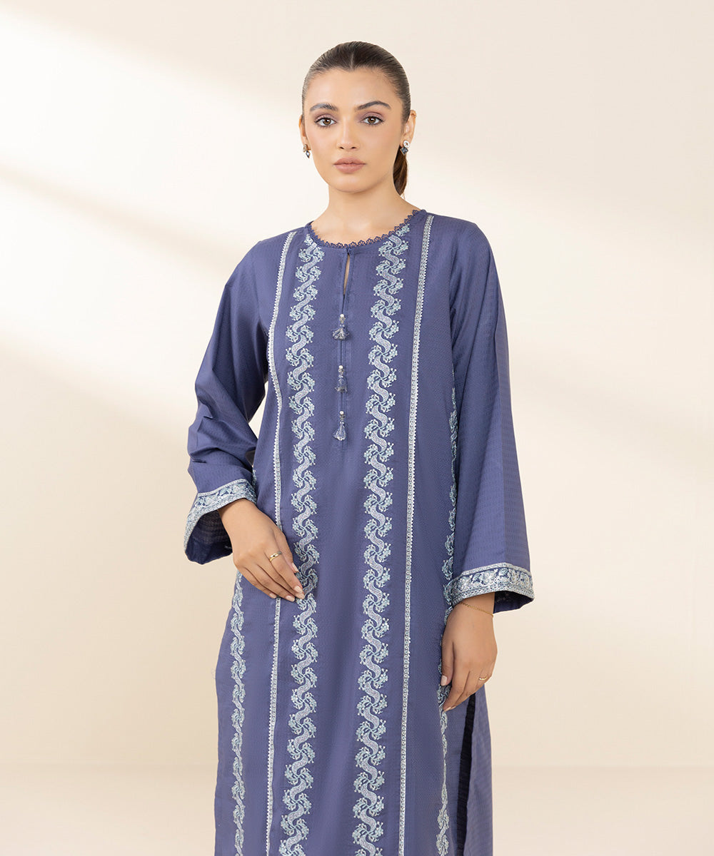 Women's Pret Dobby Embroidered Blue A-Line Shirt