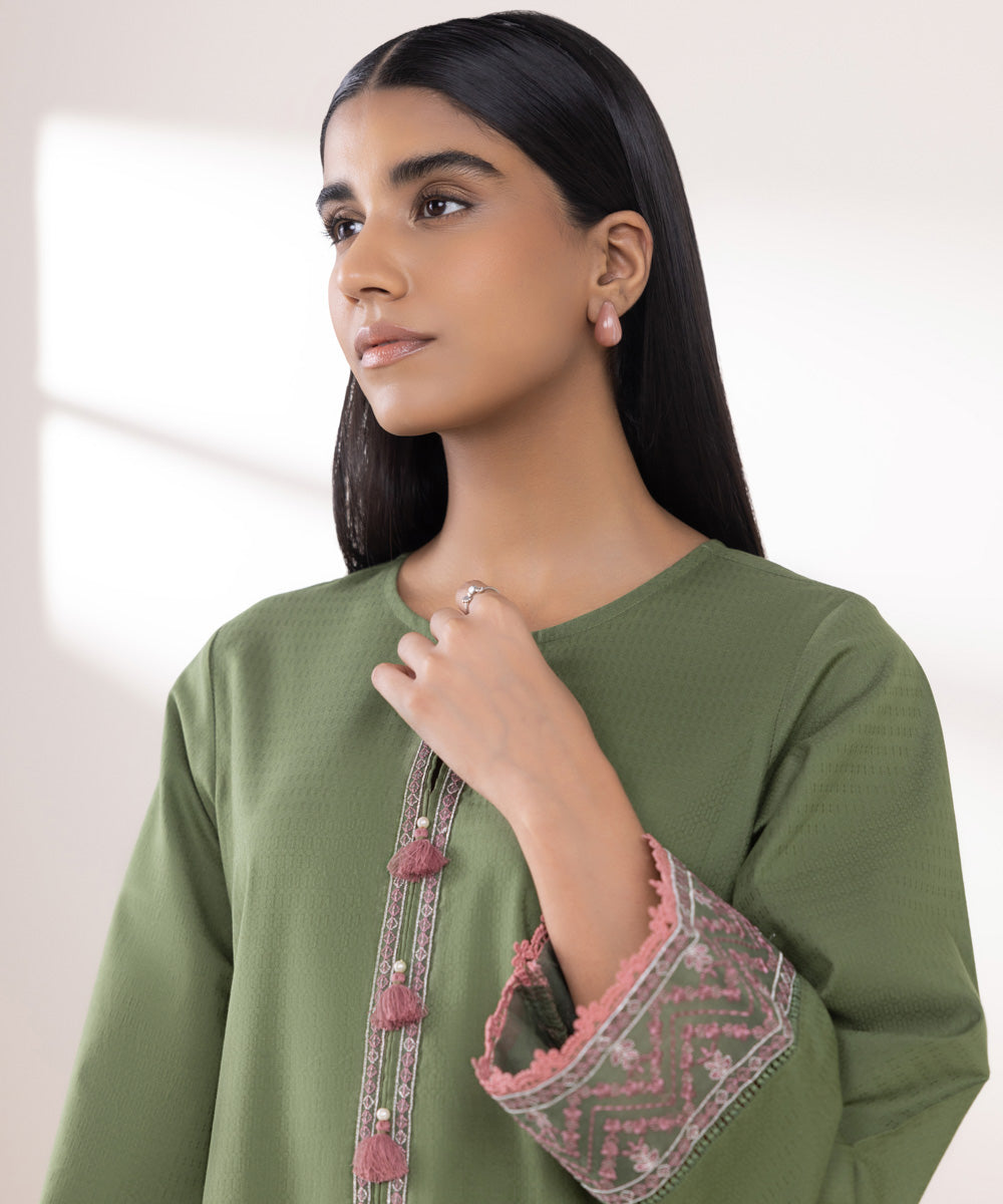 Women's Pret Dobby Embroidered Green A-Line Shirt