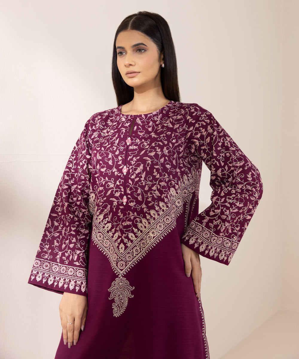 Women's Pret Khaddar Printed Purple A-Line Shirt