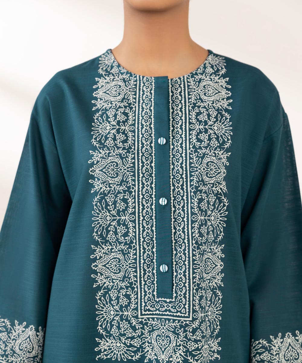 Women's Pret Khaddar Printed Green Boxy Shirt