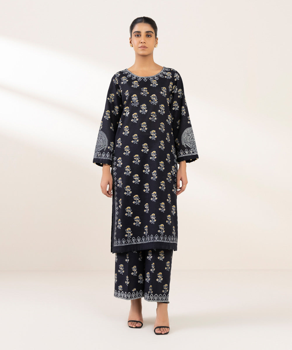 Women's Pret Khaddar Printed Black A-Line Shirt