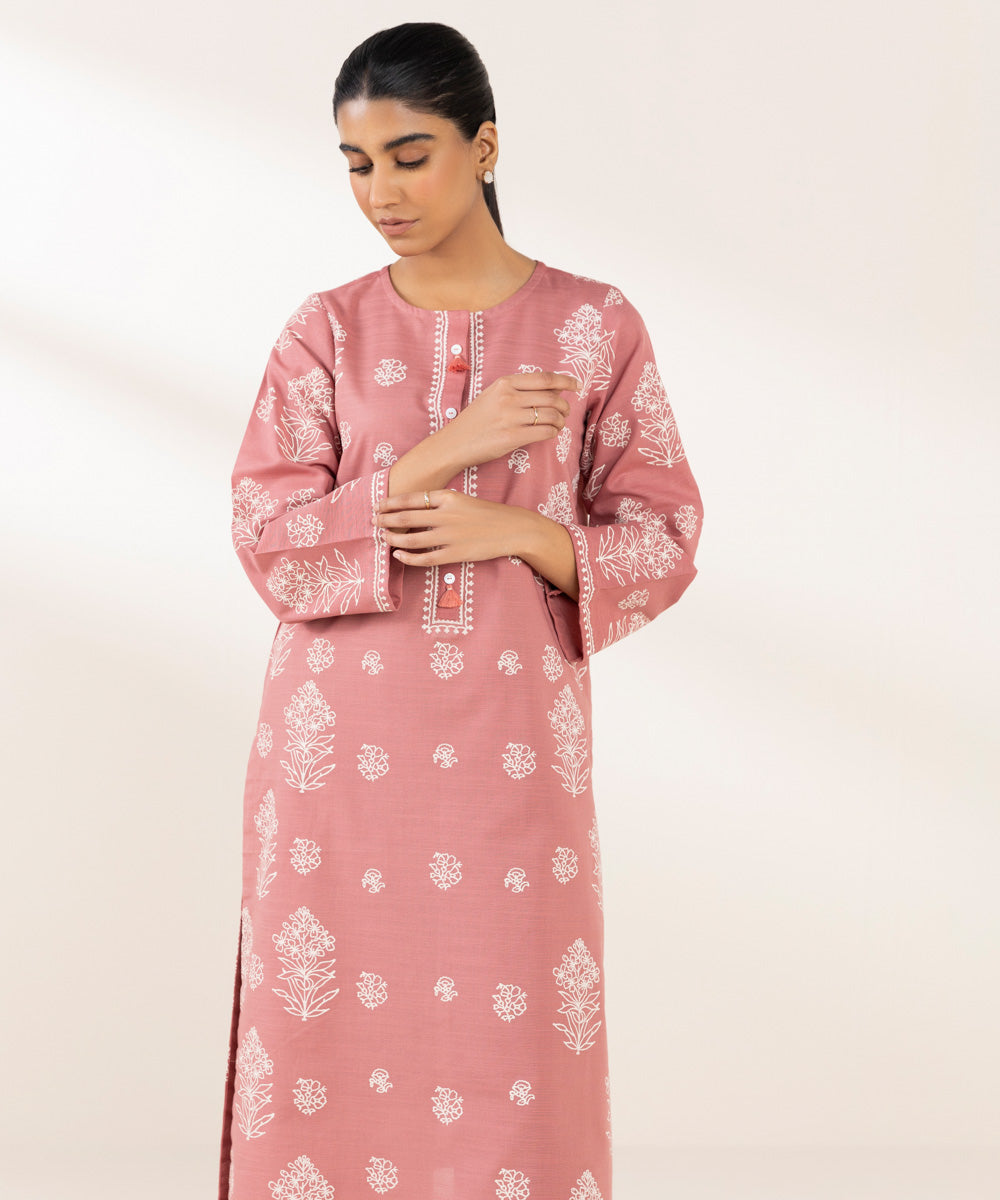 Women's Pret Khaddar Printed Pink A-Line Shirt