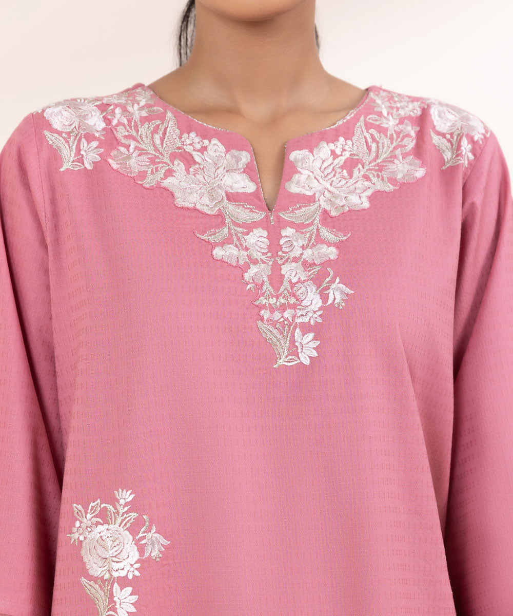 Women's Pret Dobby Pink Embroidered A-Line Shirt