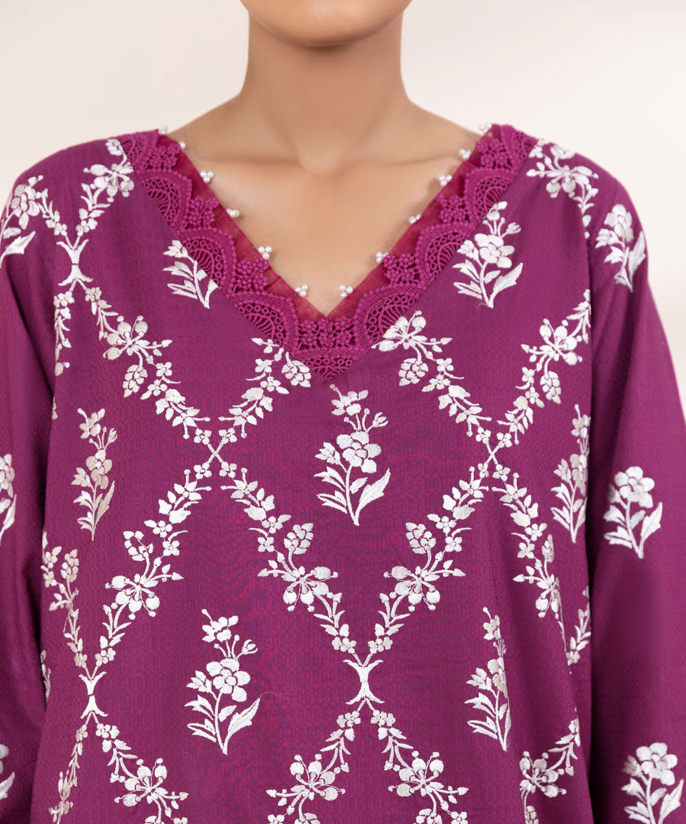 Women's Pret Dobby Purple Embroidered A-Line Shirt