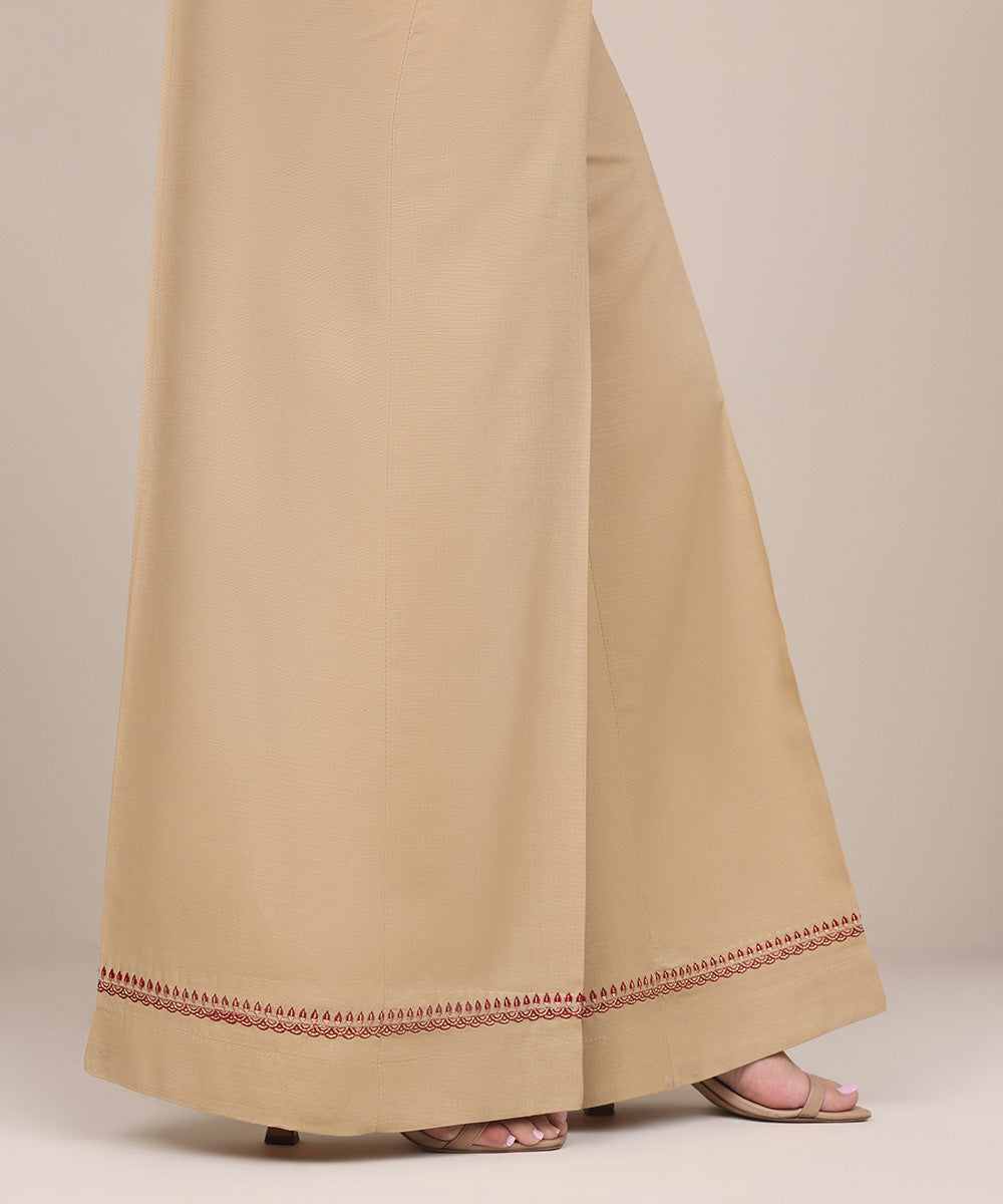 Women's Pret Dull Raw Silk Beige Embroidered Flared Pants