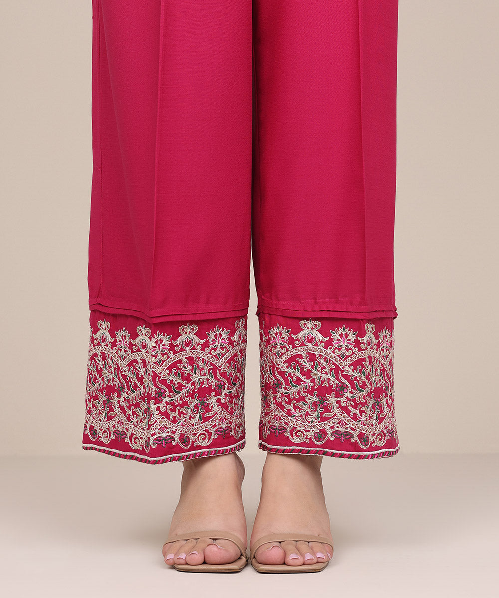 Women's Pret Dull Raw Silk Pink Embroidered Straight Pants