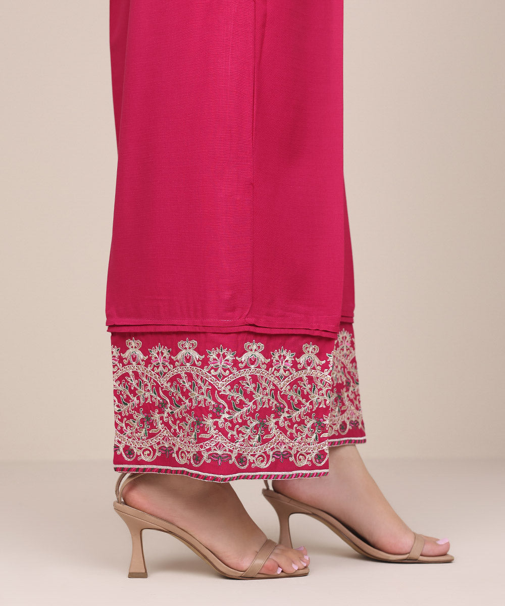 Women's Pret Dull Raw Silk Pink Embroidered Straight Pants