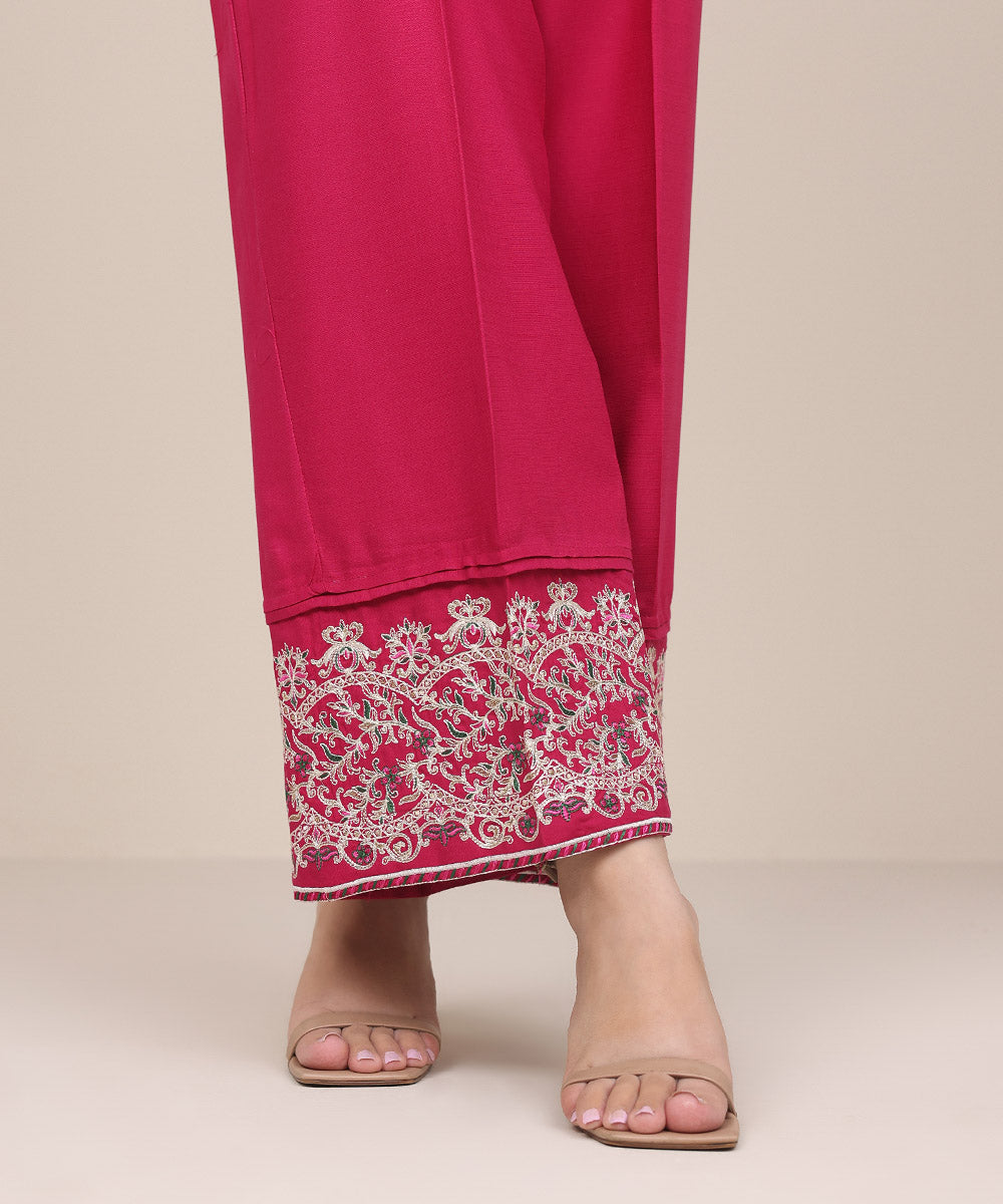 Women's Pret Dull Raw Silk Pink Embroidered Straight Pants