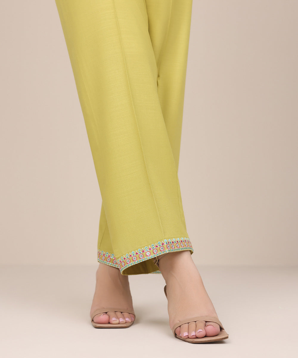 Women's Pret Dull Raw Silk Yellow Embroidered Straight Pants