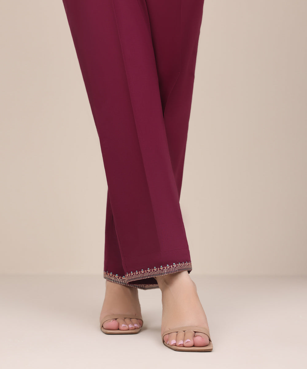 Women's Pret Cambric Red Embroidered Straight Pants