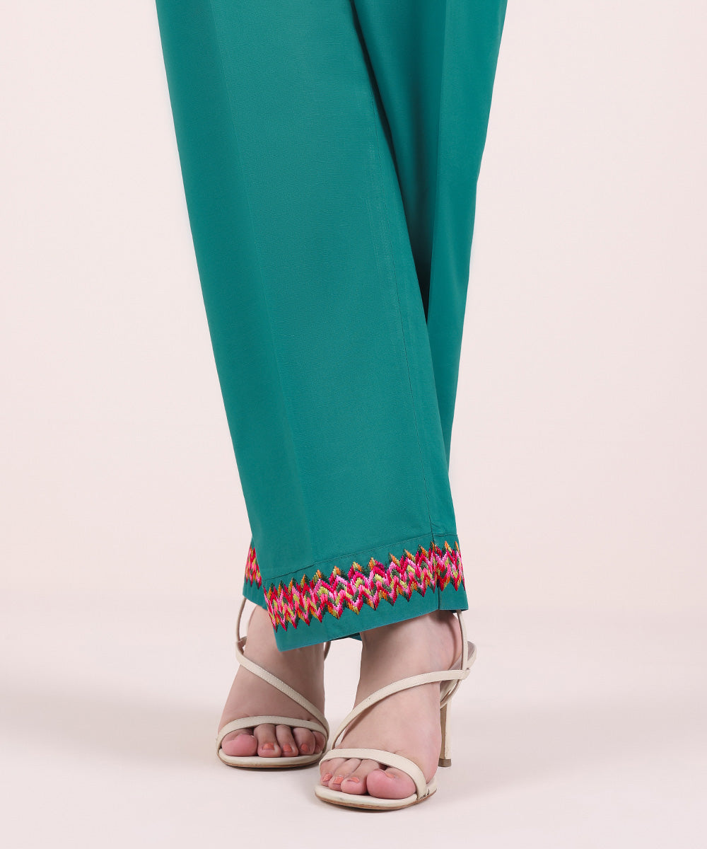 Women's Pret Cambric Embroidered Teal Straight Pants