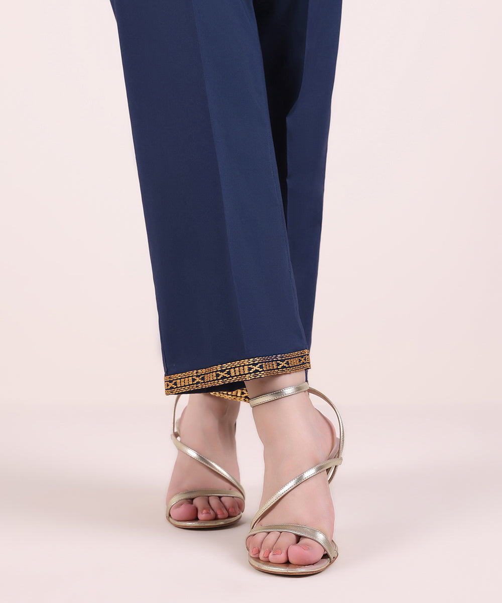 Women's Pret Cambric Embroidered Navy Blue Straight Pants