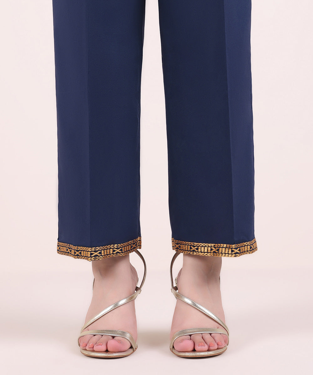 Women's Pret Cambric Embroidered Navy Blue Straight Pants