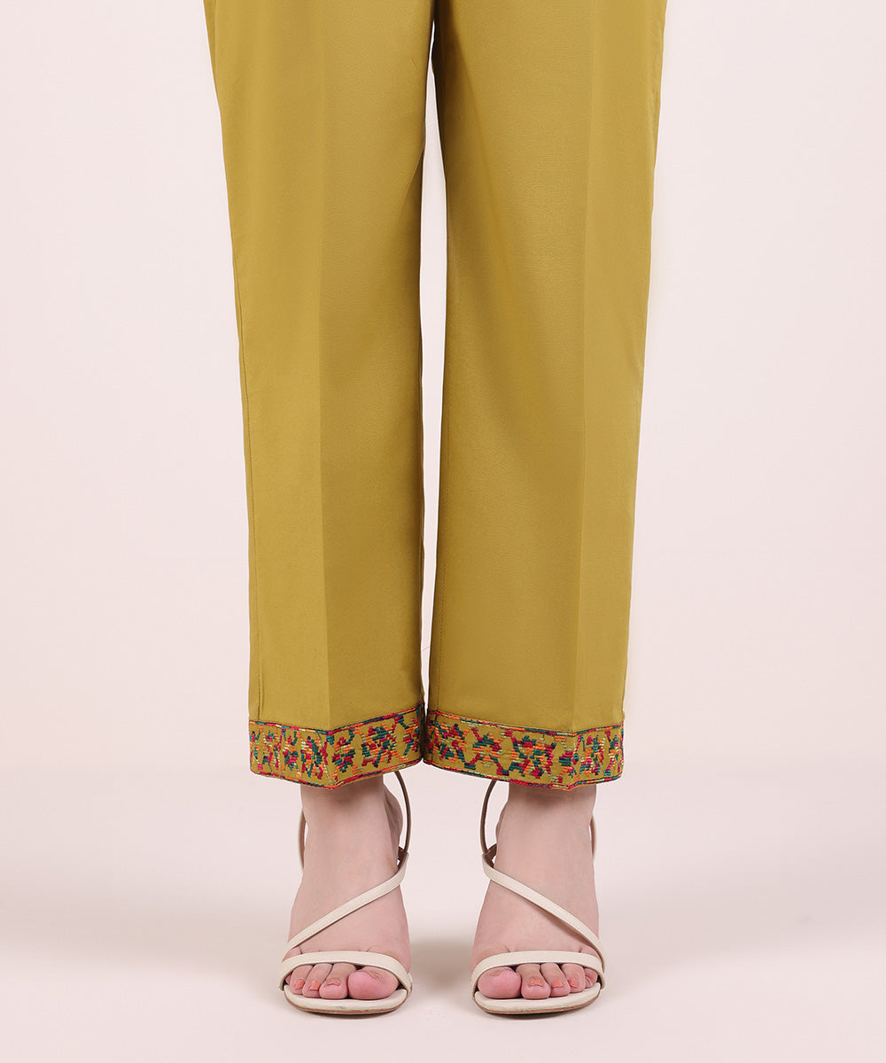 Women's Pret Cambric Embroidered Olive Yellow Straight Pants