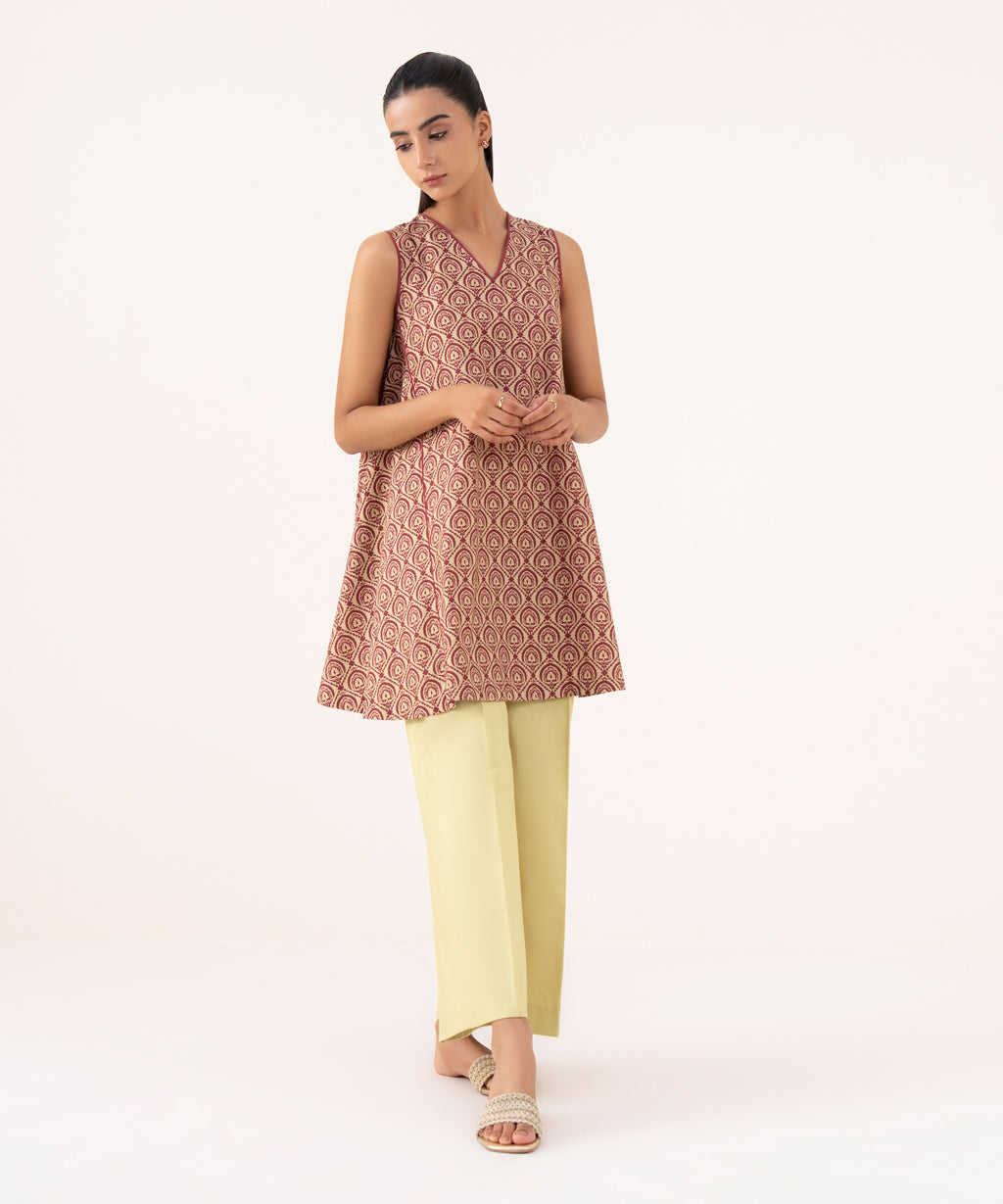 Women's Unstitched Cotton Printed Red 2 Piece Suit