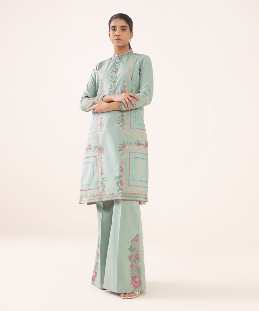 Women's Unstitched Cotton Embroidered Green Two Piece Suit