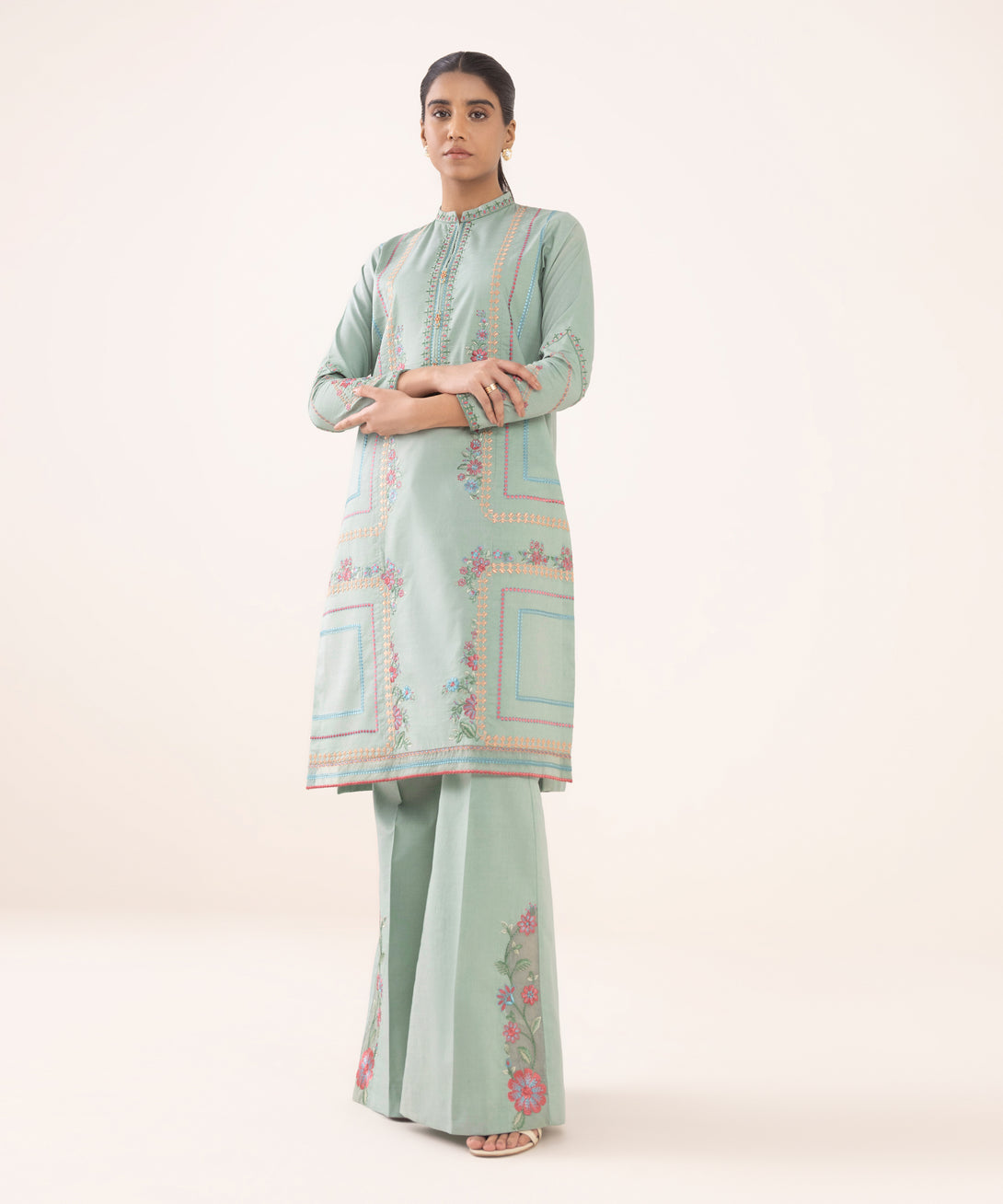 Women's Unstitched Cotton Embroidered Green Two Piece Suit