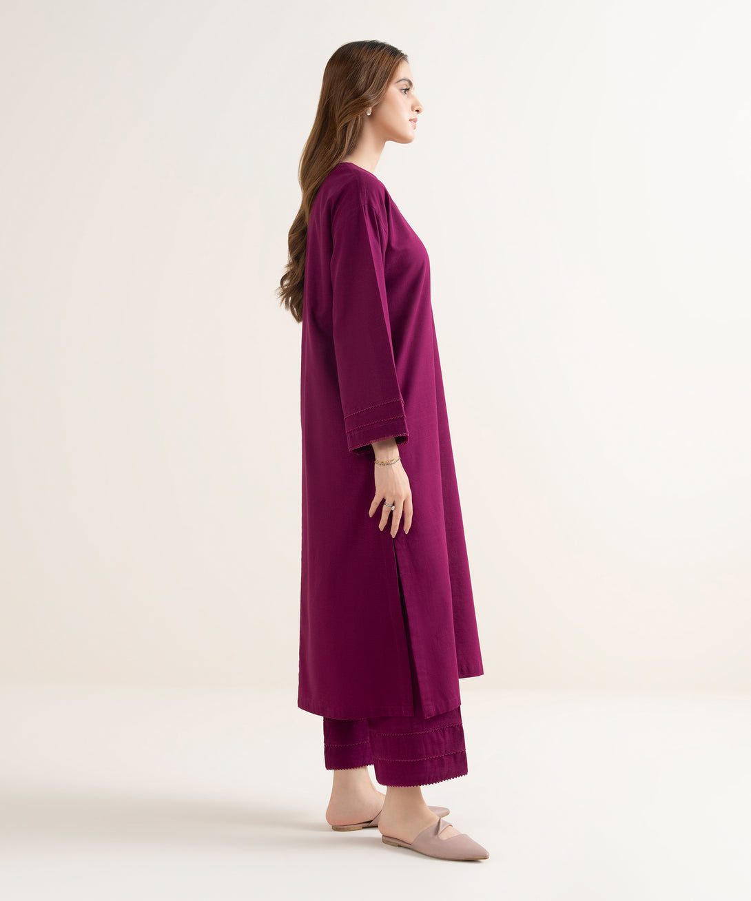 Women's RTW Textured Cotton Solid Drop Shoulder Purple Shirt