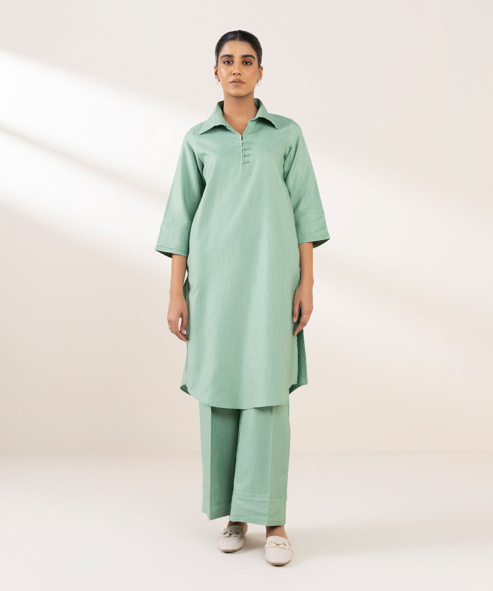 Women's Pret Cotton Jacquard Solid Green A-Line Shirt