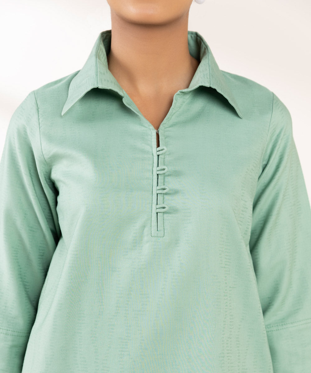 Women's Pret Cotton Jacquard Solid Green A-Line Shirt