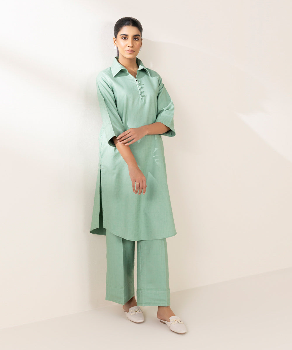 Women's Pret Cotton Jacquard Solid Green A-Line Shirt