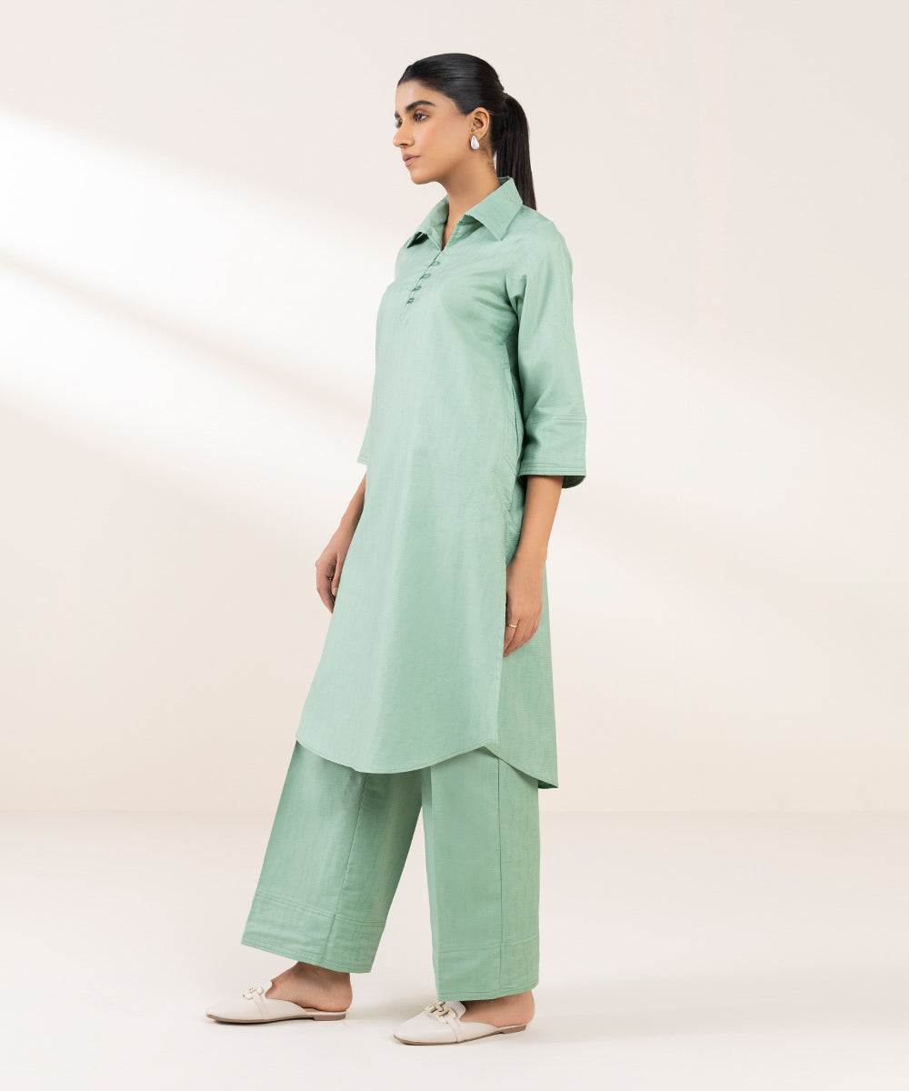 Women's Pret Cotton Jacquard Solid Green A-Line Shirt