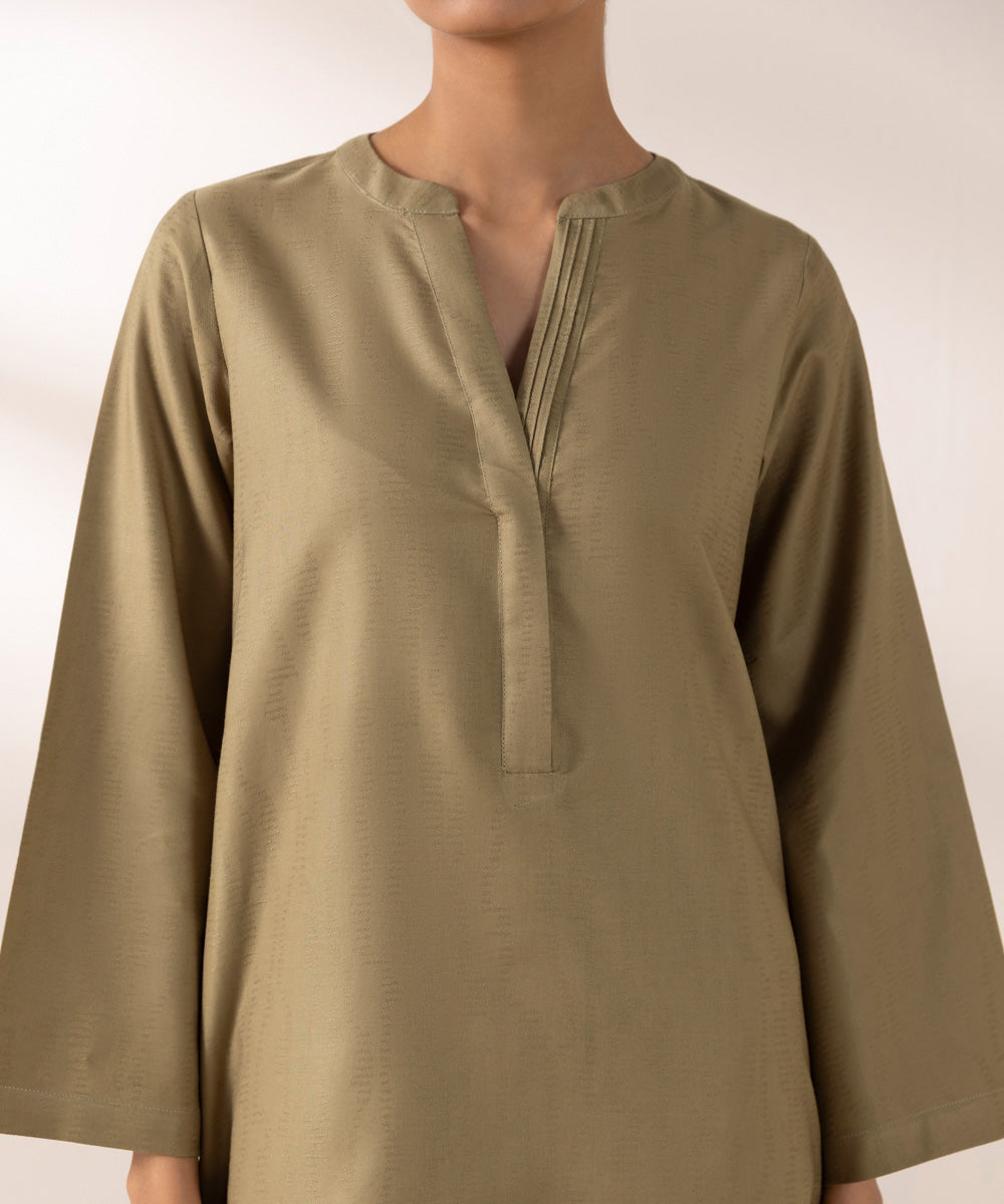 Women's Pret Cotton Jacquard Solid Beige A-Line Shirt