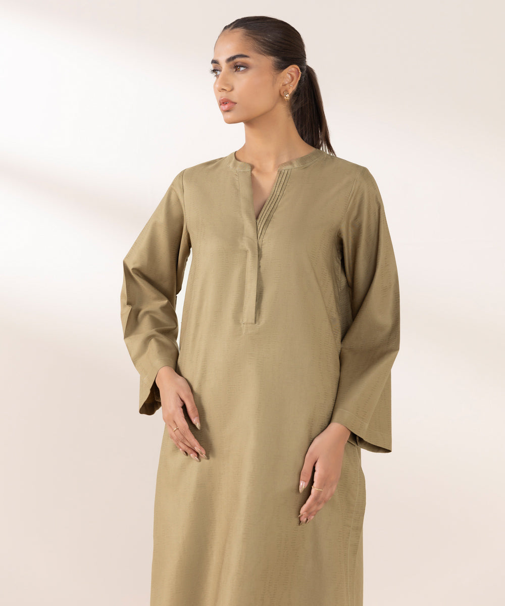 Women's Pret Cotton Jacquard Solid Beige A-Line Shirt