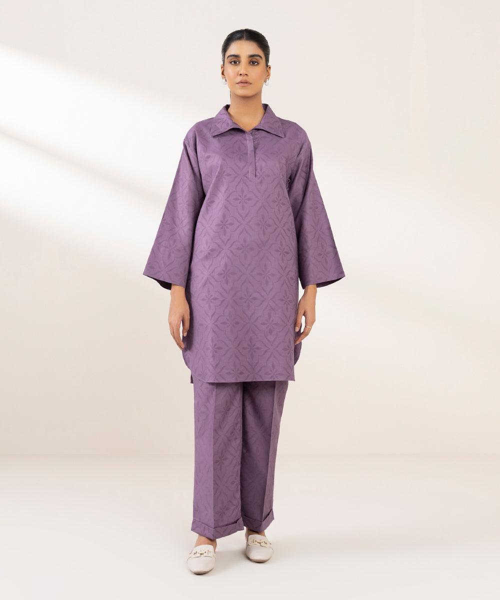 Women's Pret Cotton Jacquard Solid Purple Boxy Shirt