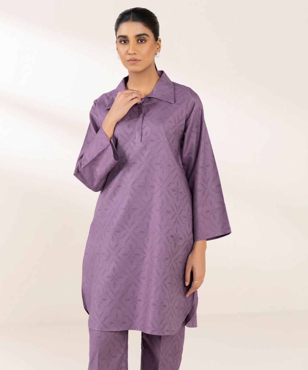 Women's Pret Cotton Jacquard Solid Purple Boxy Shirt