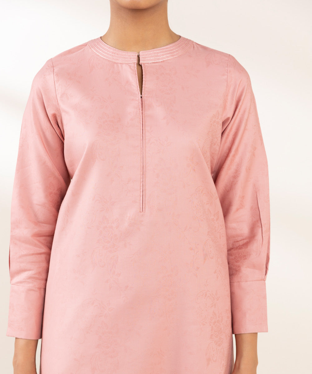 Women's Pret Cotton Jacquard Solid Pink A-Line Shirt