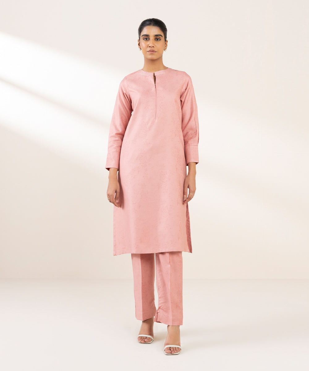 Women's Pret Cotton Jacquard Solid Pink A-Line Shirt